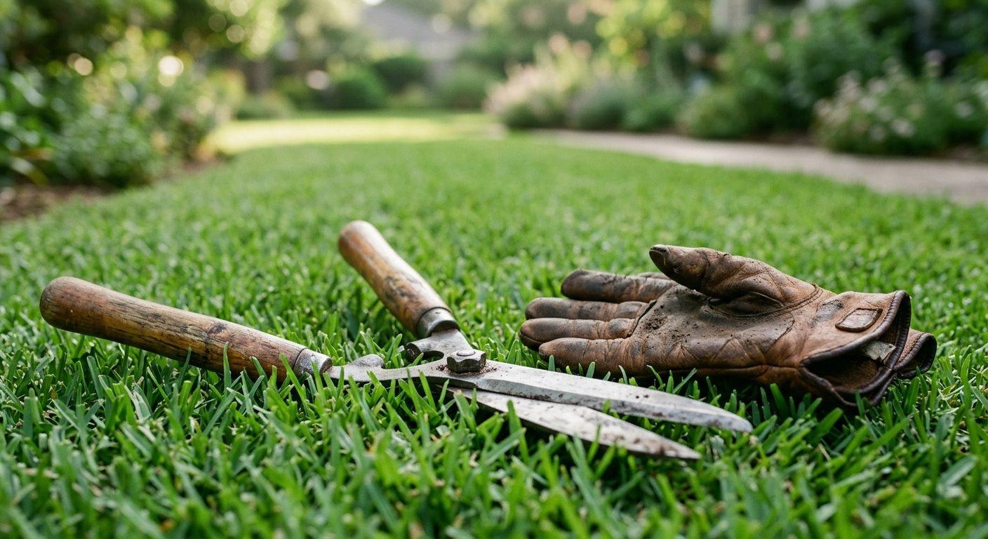 Worn hedge shears and a leather work glove resting on a thick green lawn